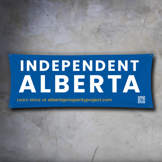 Blue banner with 'Independent Alberta' text on a textured gray background