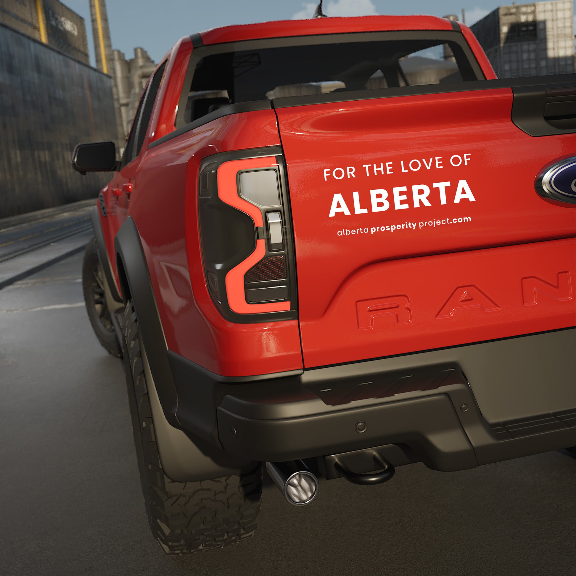 Red Ford Ranger truck with 'For the Love of Alberta' text on a city street.